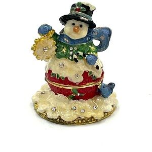 Vintage Christmas Snowman Jeweled & Enamel Ceramic Trinket Box